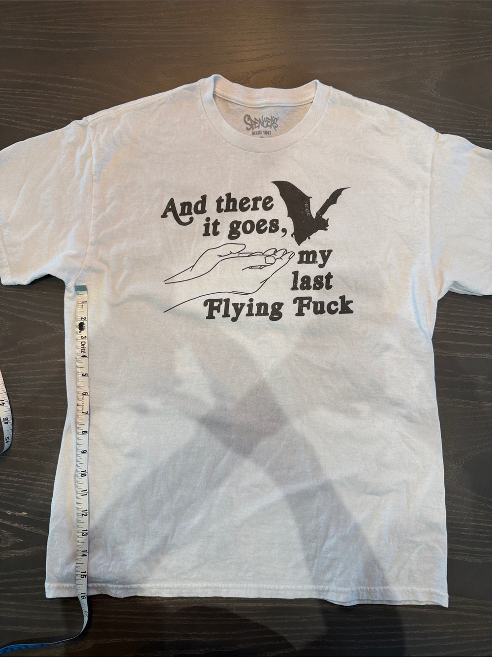 Spencer's White Tee with Black Script and Bat Graphic